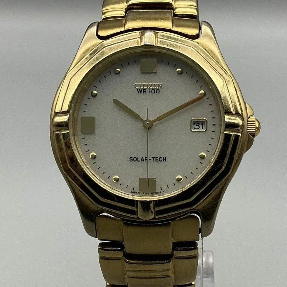 Citizen Eco-Drive Solar-Tech WR 100 Mens Watch 36mm Gold Tone Date 7.25